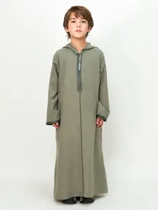 Middle Eastern Muslim Boy Moroccan Thobe Robe Tunic Hooded Zipper Long Sleeve Embroidered Loose Fit Breathable Fabric