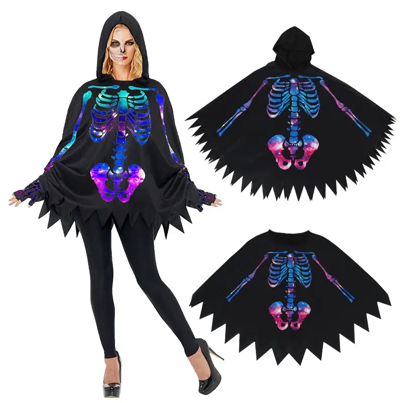 Women's Galactic Skeleton Hooded Poncho - Halloween Costume Cape, Spooky Starry Night Print, Lightweight Cosplay Cloak for Parties (Sports & Outdoor Accessory)