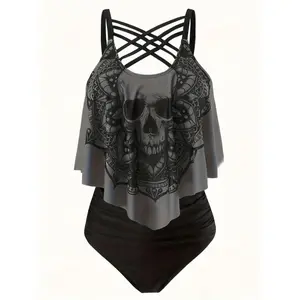 Plus size set with female skull print Halloween two-piece swimsuit beach outfit