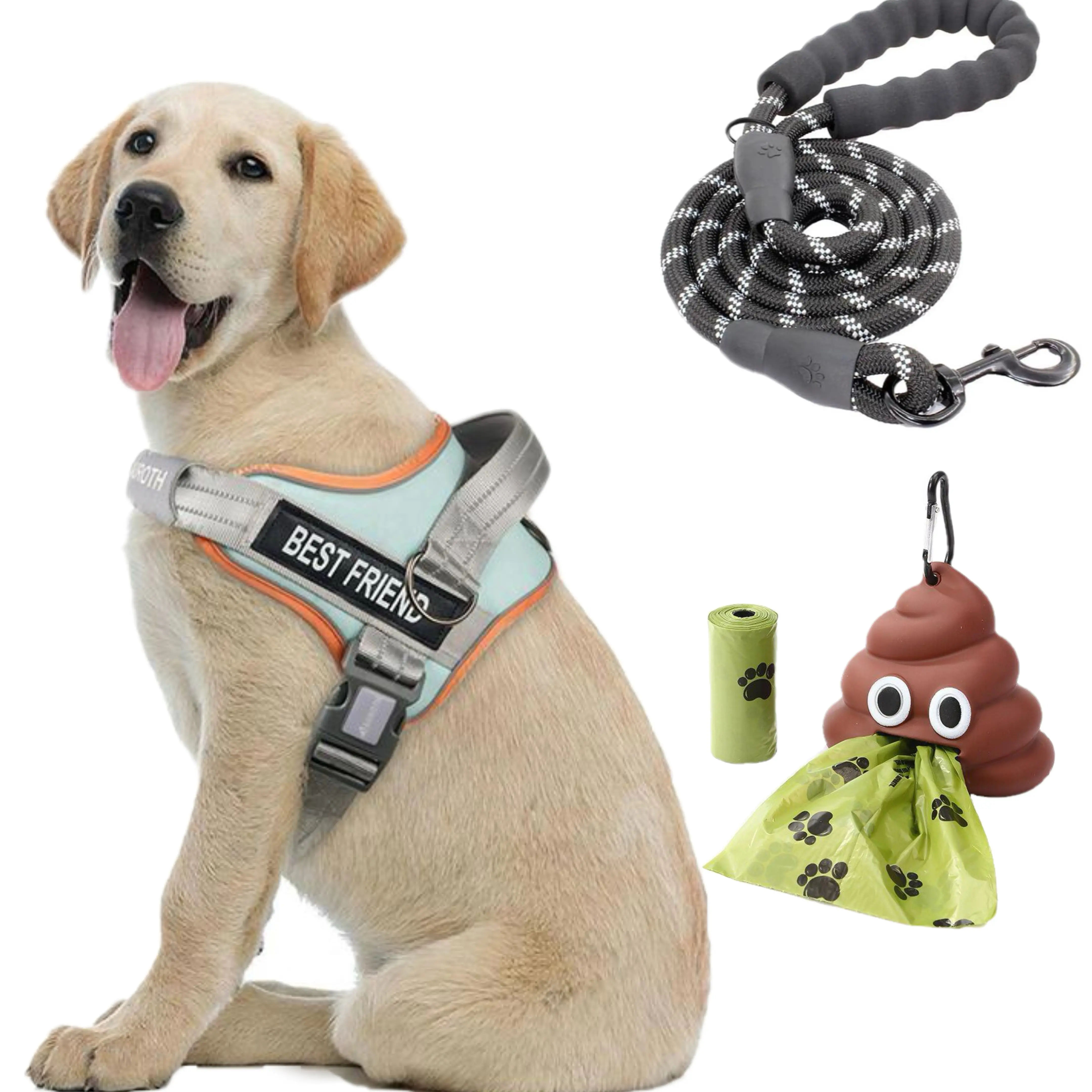 【#Summersale】AUROTH No Pull Dog Harness and Leash Combo with Cute Poop Bag Holder, Reflective Adjustable Soft Padded Safety Harness, Dog Poop Bag Dispenser with 1 Roll 15 Bags, Dog Walking & Training Kit for Small Medium Large Dogs