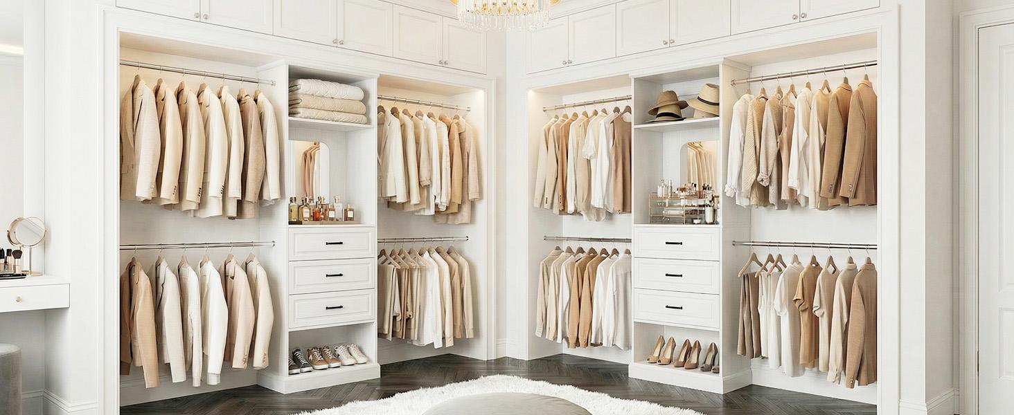 Unikito Closet System, 4FT - 9FT Closet Organizer with Mirror, Luxury Walk in Closet Insert with Drawers and 4 Hanging Rods, Sturdy Wood Wardrobe Closet Garment Rack with 25” Tower