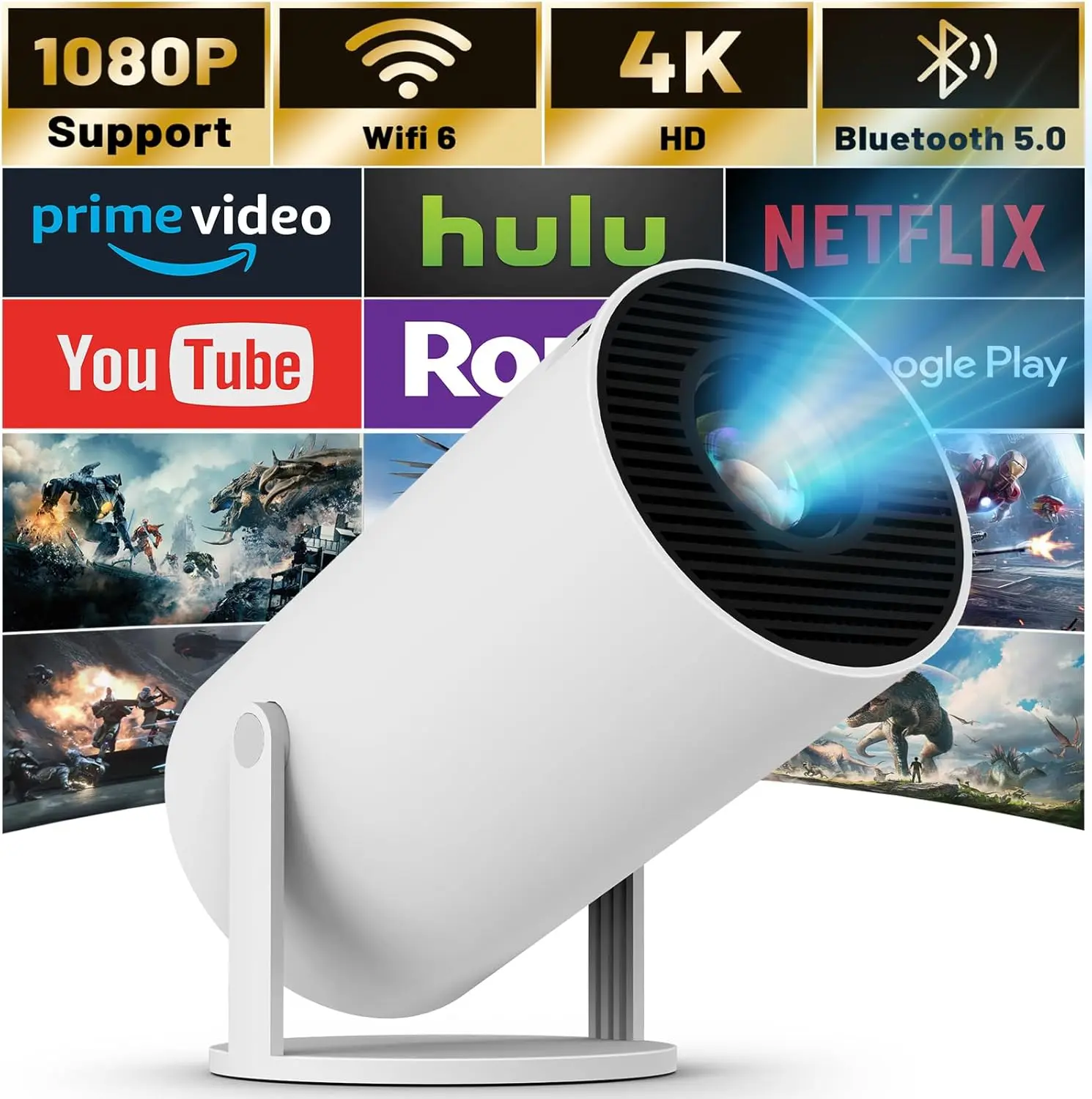 Mini Projector with WIFI 6 and Bluetooth, 4K 1080P Support Portable Projector 180° Rotatable 130'' Screen Movie Projector Auto Keystone Compatible for Laptop, PC, Smartphone (White) Audio Automatic Cable Game