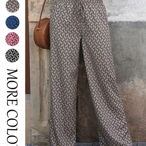 Women's All Over Print Frill Shirred Adjustable Drawstring Wide Leg Loose Woven Casual Fit Pants, Elegant Chic Aesthetic Colorblock Trousers for Daily Wear, Ladies Bottoms for All Seasons, Bohemian Clothes