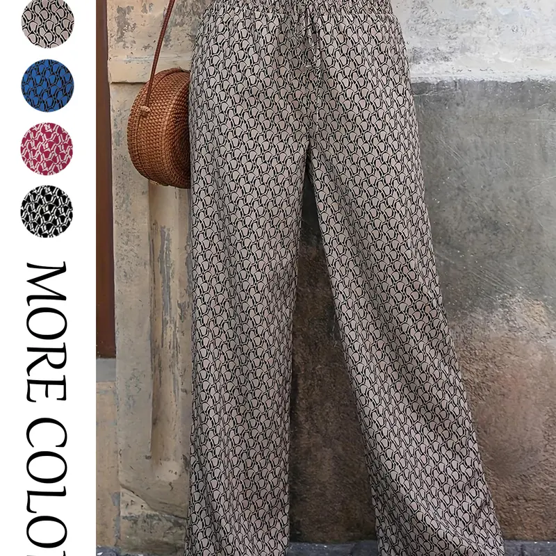 Women's All Over Print Frill Shirred Adjustable Drawstring Wide Leg Loose Woven Casual Fit Pants, Elegant Chic Aesthetic Colorblock Trousers for Daily Wear, Ladies Bottoms for All Seasons, Bohemian Clothes