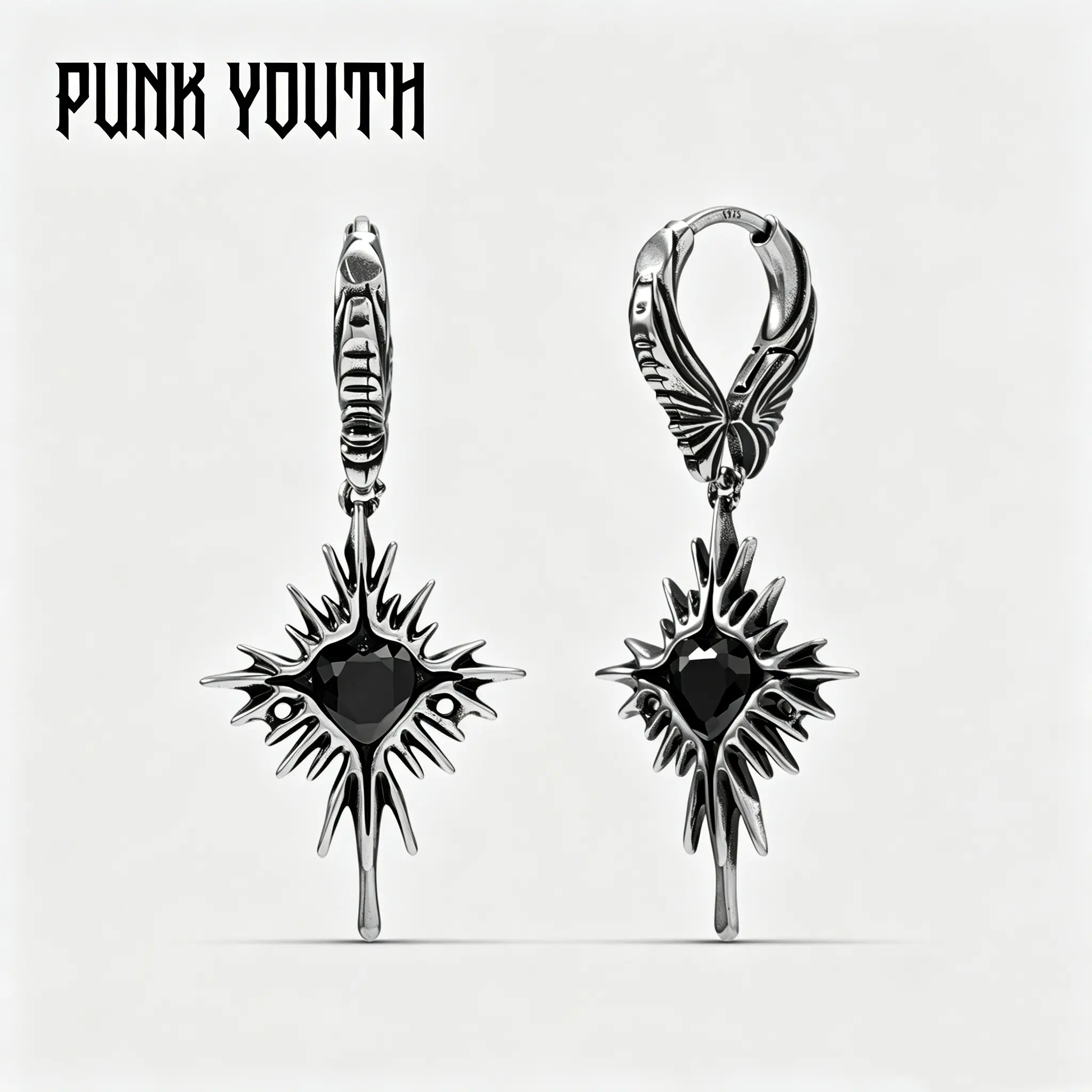 925 sterling silver post WINGED HEARTBURST EARRINGS/Gothic Angel Wing Hoop Earrings/Black Heart Pendant Y2K Punk Jewelry/Daily outfit / Y2K fashion style / Gothic style / Punk street style / Dark-themed OOTD/Earrings, ear studs, ear accessories/unisex