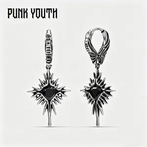 925 sterling silver post WINGED HEARTBURST EARRINGS/Gothic Angel Wing Hoop Earrings/Black Heart Pendant Y2K Punk Jewelry/Daily outfit / Y2K fashion style / Gothic style / Punk street style / Dark-themed OOTD/Earrings, ear studs, ear accessories/unisex