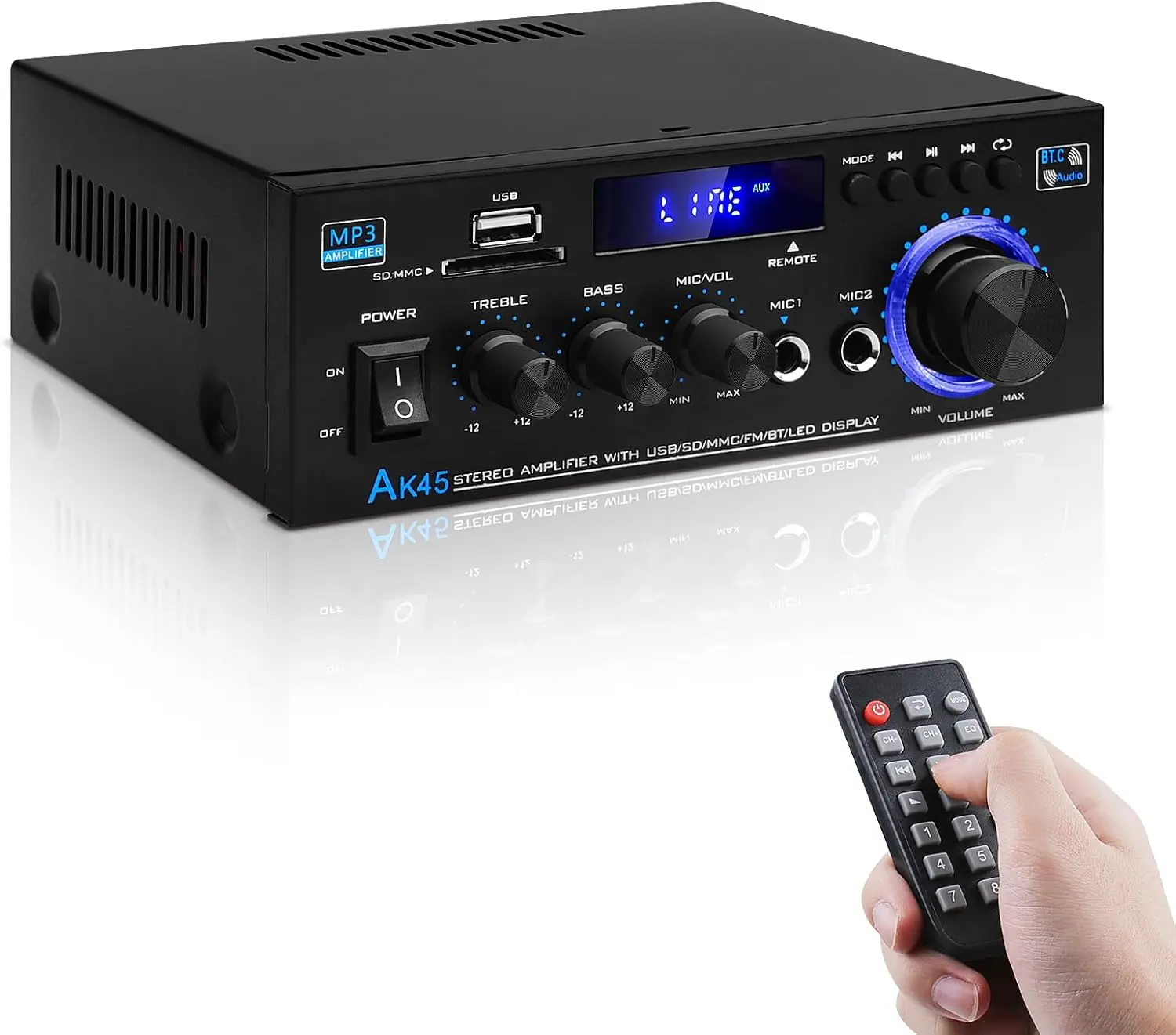 Digital Bluetooth 5.0 HiFi Stereo Mini Power Audio Amplifier Receiver - AK45, 2.0 Channel, 40Wx2 RMS/400W Max, Plug-In, Noise-Reducing, Karaoke MIC, Wireless, USB, RCA, FM Radio, Remote Control