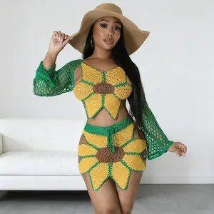 Halfword Vacation Outfits Gorgeous Crochet Sunflower Two Piece Set for Women Long Sleeve Backless Self-tie Beach Cover Up for Summer Wear Swimwear