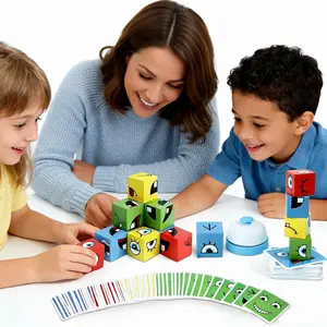 Suntomo Wooden Face Changing Magic Cube Building Blocks Game Matching Expression Puzzle Toy Board Games for Family Night, Match Puzzles Geometric Educational Toys for Kids and Adults (16 Blocks+ 64 Cards + 1Bell)