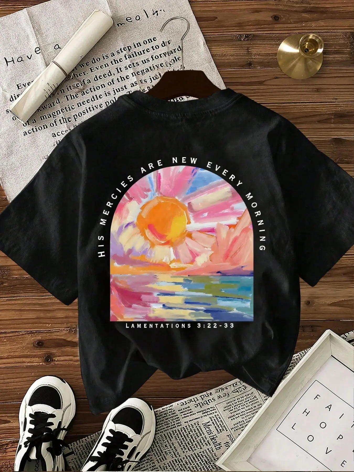 Summer New Artistic Watercolor Sunrise Print Short Sleeve T-Shirt, Loose Fit, Soft and Breathable, Perfect for Casual Wear