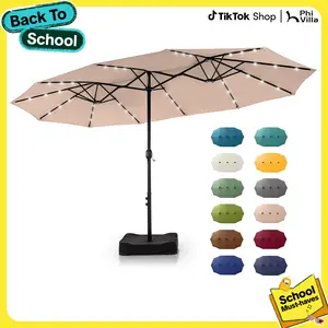 PHIVILLA 15ft Large Outdoor Patio Umbrella with Base – LED Light Option, Double-Sided, Crank Handle, Waterproof，Comes with Weighted Base and Sandbag, Accommodates 10 People, Great for Poolside, Garden, Lawn, Backyard, Deck and Beach