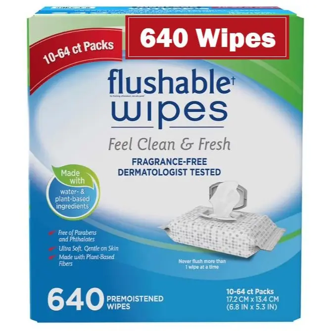 Flushable Wipes 640 Count Fragrance Free Gentle On Skin Dermatologist Tested Eco Friendly Premoistened Wipes 10-64 ct Packs CaviCide Surface Sensitive Baby