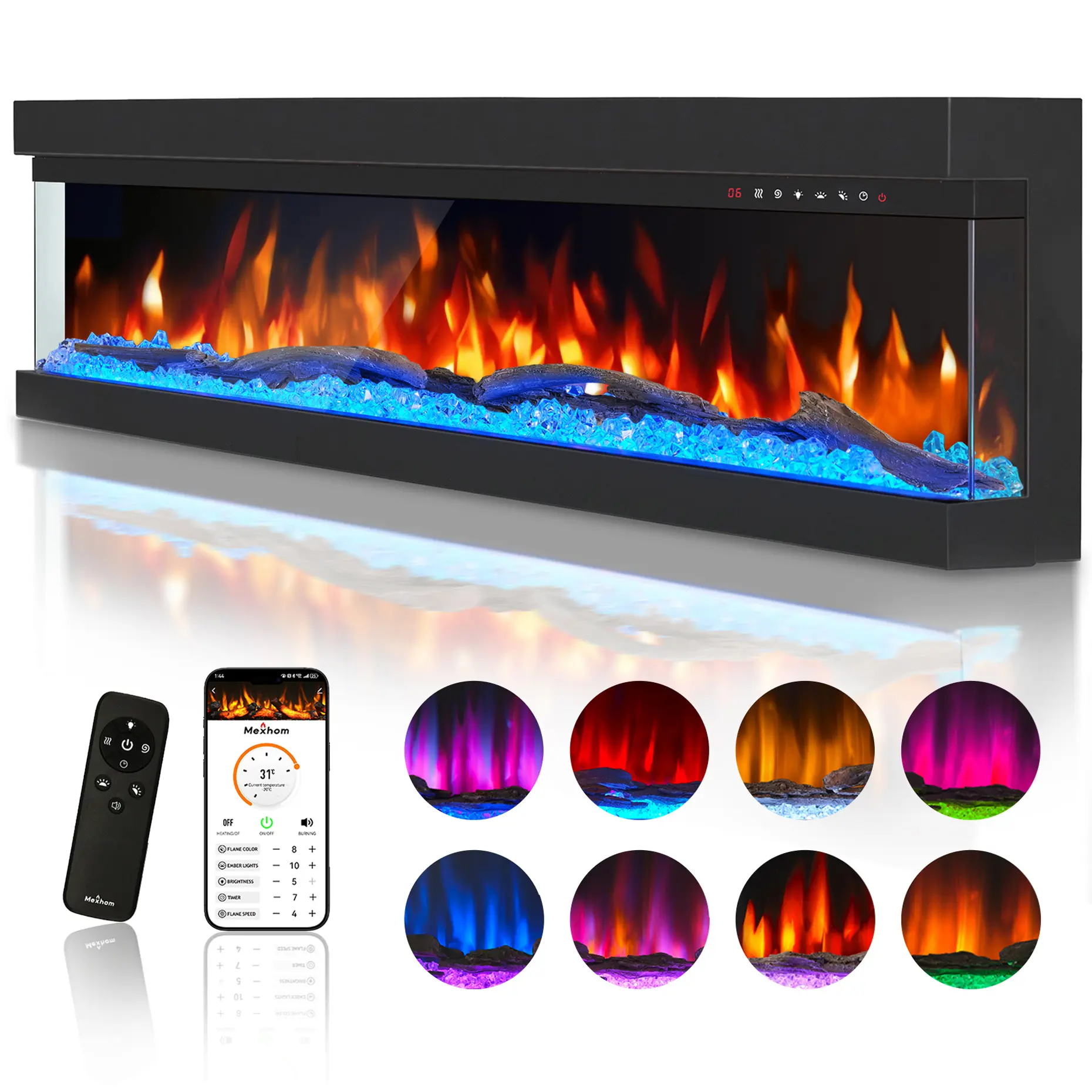 3-Sided Built-in Electric Fireplace 36–60'' – Multicolor Flames, Heater, DIY Crystal & Log, Smart App & Remote