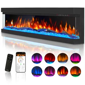 3 Sided Glass Built-in 36" 42'' 50'' 60'' Electric Fireplace - MultiColor Flames, Heater, DIY Crystal & Log Set, Smart App & Remote Control Heating System