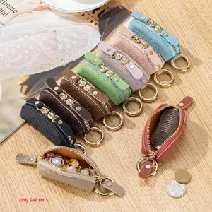 Compact Zipper Coin Pouch, Portable Keychain Coin Purse, Genuine Leather Mini Storage Bag, Full Grain Leather Coin Pouch - Travel Small Coin Purse with Zipper - Mini Key Pouch Change Purse for Women and Men