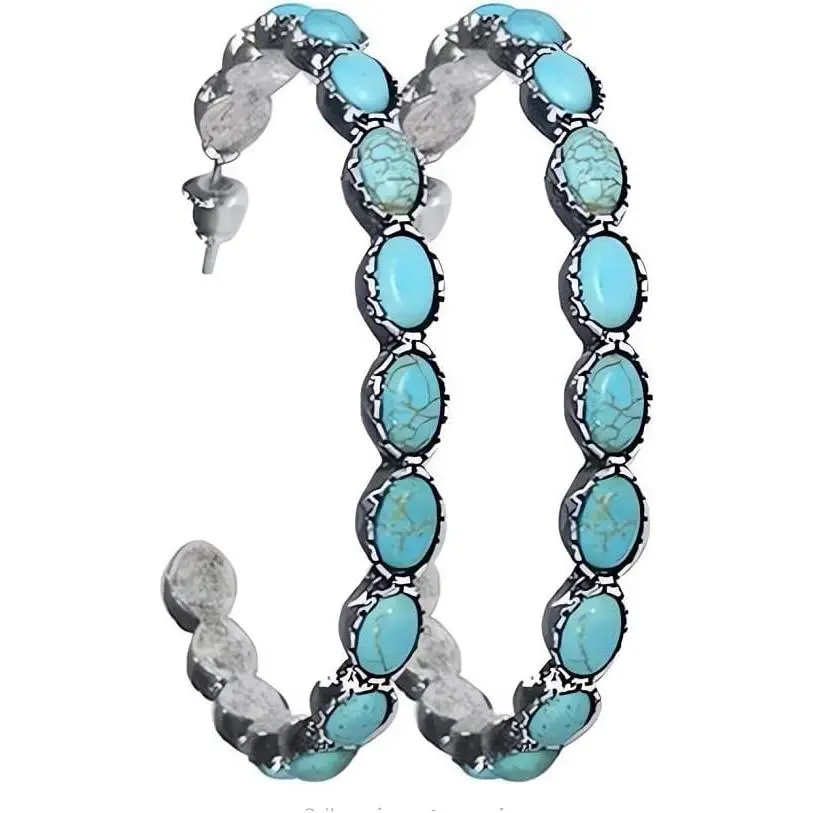 Western Earrings Boho Turquoise Oval Drop Dangle Earrings for Women Beaded Western Flower Teardrop Earrings Vintage Ethnic Alloy Pendant Jewelry Gift