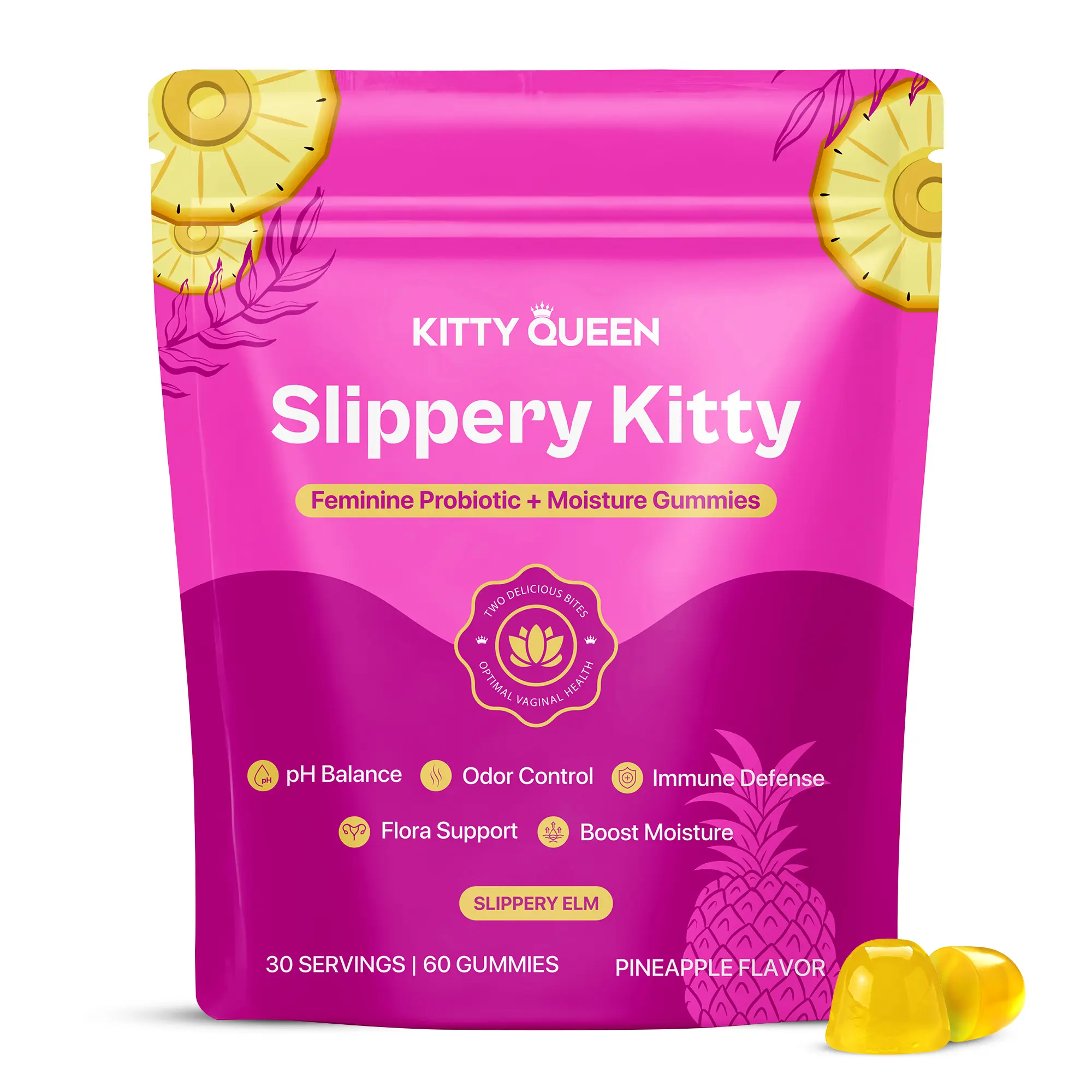 Slippery Kitty Feminine Probiotic + Moisture Gummies - All in One Solution with Slippery Elm 60 Count Pineapple Flavor