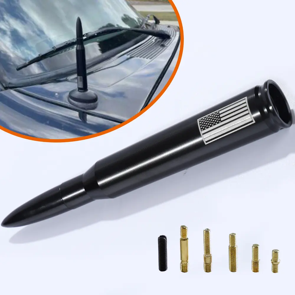 Universal Car Short Antenna Replacement Compatible with F-150 / F-250 / F-350 / F-450 Superduty Raptor Ranger Mustang Radio Signal Black 50 Cal Bullet Antenna American Flag Style Hood Side or Roof campingessentials