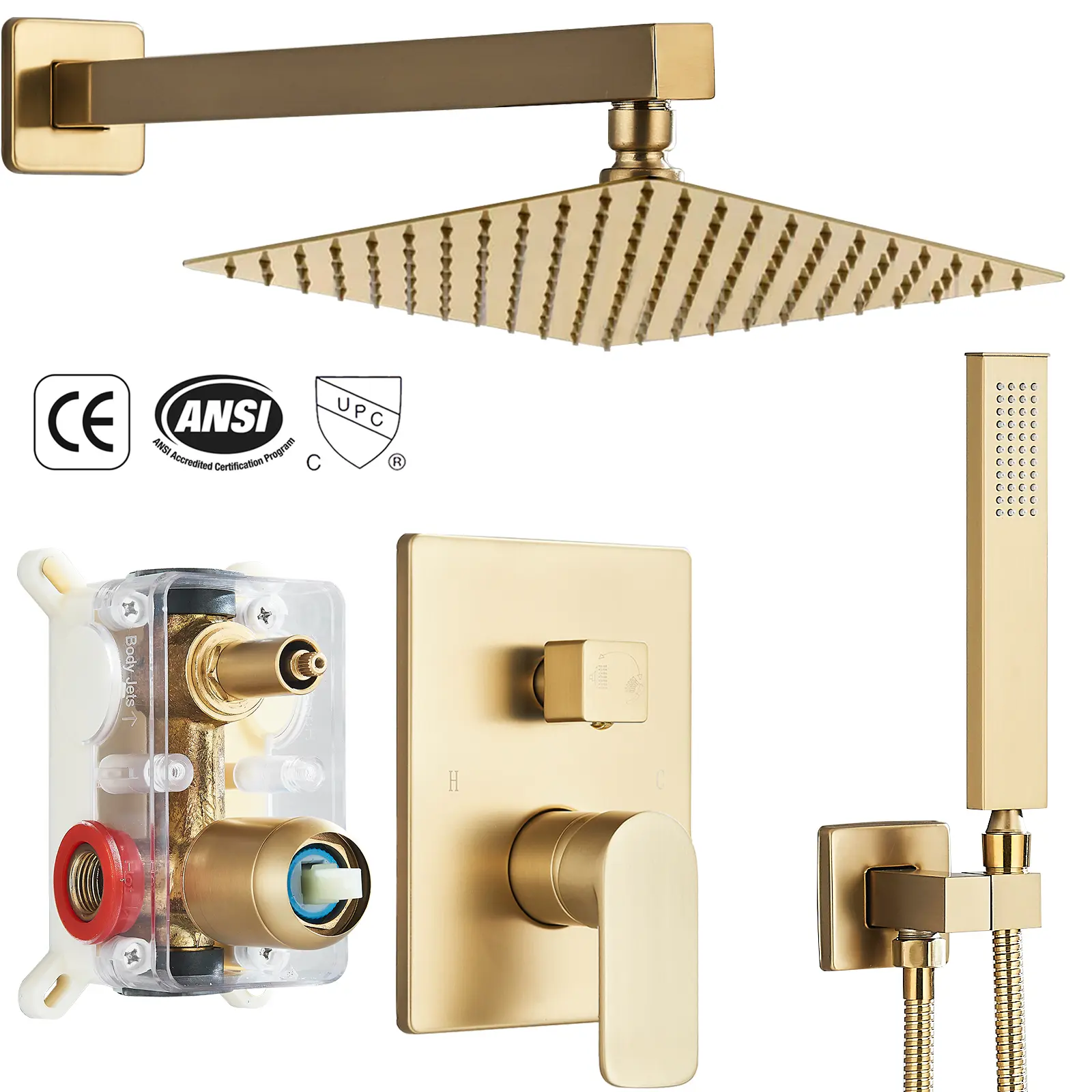 Brushed Gold Shower System, 8 Inch Square Rainfall Shower Head with Handheld Combo Spray, Bathroom Brushed Gold Shower Faucet Set with Valve, 59'' Shower Hose, Shower Trim Kit and Diverter, Wall Mounted