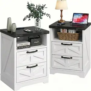 Garvee Industrial Nightstand with Fast Charging Station & 2 AC Outlets, Farmhouse Bedside Table with 2 Drawers, USB/Type-C Ports, Wooden End Table for Bedroom, Living Room