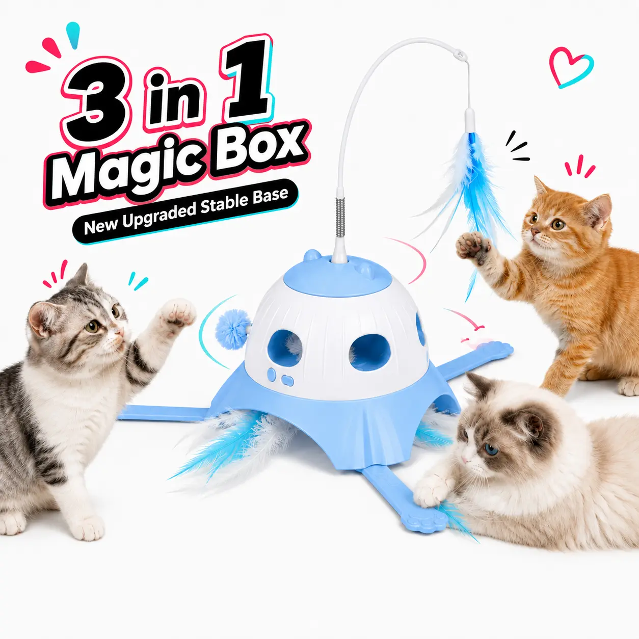3-in-1 Interactive Cat Toy for Indoor Cats - Automatic Whack-a-Mole Toy, Top Spinning Teaser, 360° Rotating Feather Wand, Touch Activation, 4 Play Modes, USB-C Rechargeable