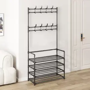 4-Tier Metal Shoe Rack with 8 Double Hooks - Freestanding Coat Rack for Bedrooms & Living Rooms - Modular Design Expands Effortlessly - Space-Saving Storage Solution for Shoes & Accessories - Closet Organizer