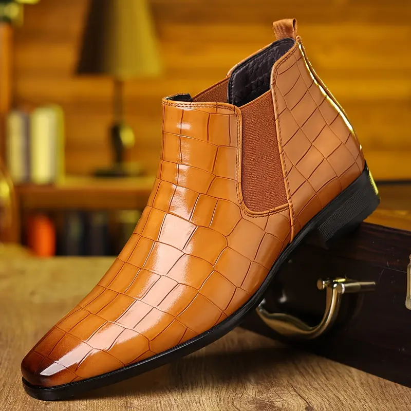 Casual Shoes for Men, Plaid Slip-On PU Leather Pointed Toe Ankle Boots for All-Season Outdoor Wear, Footwear, Walking Shoes, Rubber, Daily Wear