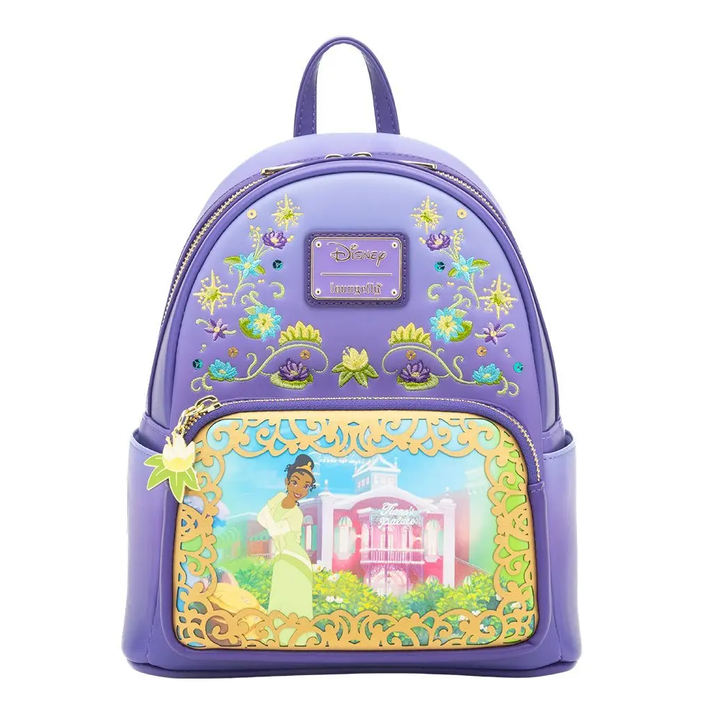 Loungefly Disney Princess Dreams Series Tiana Faux Leather Mini Carrying Casual Backpack - Lightweight, 9" W X 10.5" H X 4.5" D, Adjustable Strap, Dream Quote Back, Lily Pad Zipper, Sequin Sparkle, Floral Star Motif, Functional Daily Bag for Casual Outing