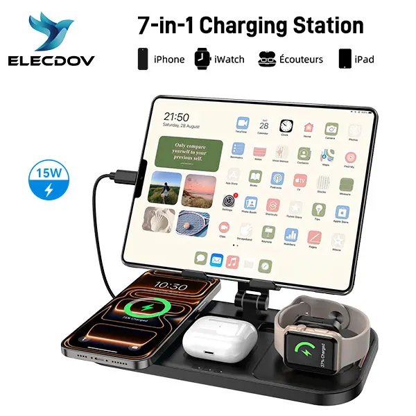 ELECDOV C12 4-in-1 wireless charger Station portable chargers with Wired iPad Charger | Foldable Multi-Device Charging Stand for Apple - iPhone 17/16/15/14 Pro Max/13/12/11, Apple Watch Series 8/7/6/5/4/3/2/SE, AirPods 3/2/Pro #SummerWins #DealsForYouDays