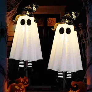 Cute Halloween Hanging Ghost Lights, Battery Operated Small Floating Ghost Decor with Witch Hat & Striped Legs, 3 Light Modes – Indoor Outdoor Halloween Home Party Porch Yard Tree Decor (Set of 2)