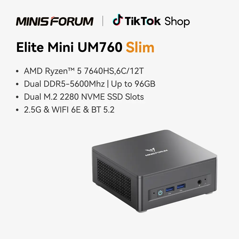 MINISFORUM UM760 Slim Hexa-Core Mini PC - AMD Ryzen 5 7640HS Processor (6C/12T, Up to 5.0GHz), 16GB DDR5 RAM, 1TB PCIe 4.0 SSD, 8K@60Hz HDMI 2.1/USB4 Output, WiFi6E/BT5.3, Auto Power On, Windows OS, 1 Tb
