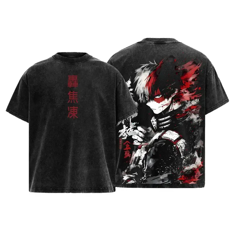 Shoto Todoroki My Hero Academia Vintage Washed Oversized Graphic Tee Heavy Cotton Anime Shirt Y2K Streetwear Unisex Japanese Manga Ice Fire Dual Power Retro Acid Wash Casual Tops Cosplay Everyday Wear MHA Merch For Men Women Trendy Pop Culture Apparel