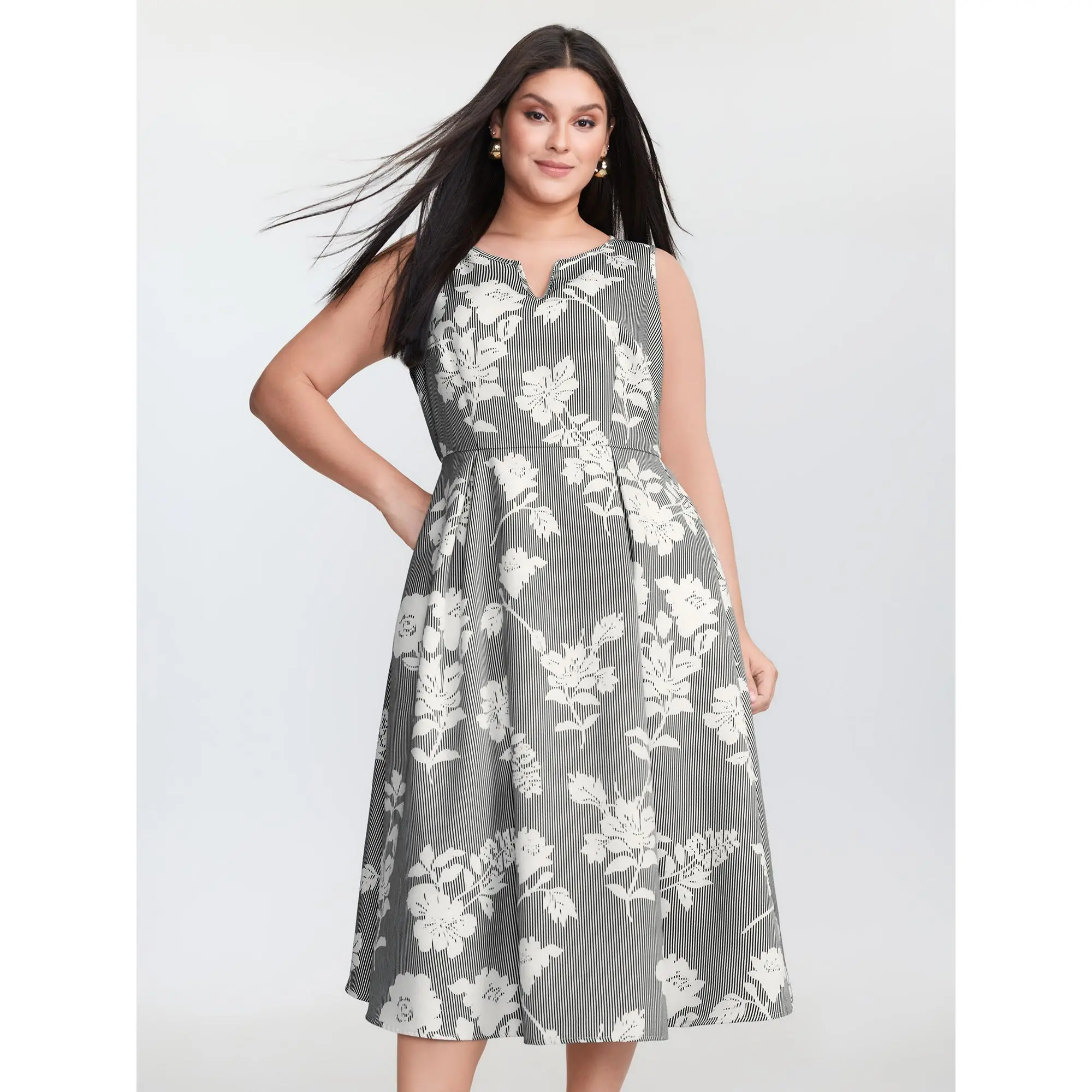 BLOOMCHIC Women's Plus Size Polyester Sleeveless Striped Floral Print Notched Collar Midi Dress [M-6X] - Office Wear, Back To School