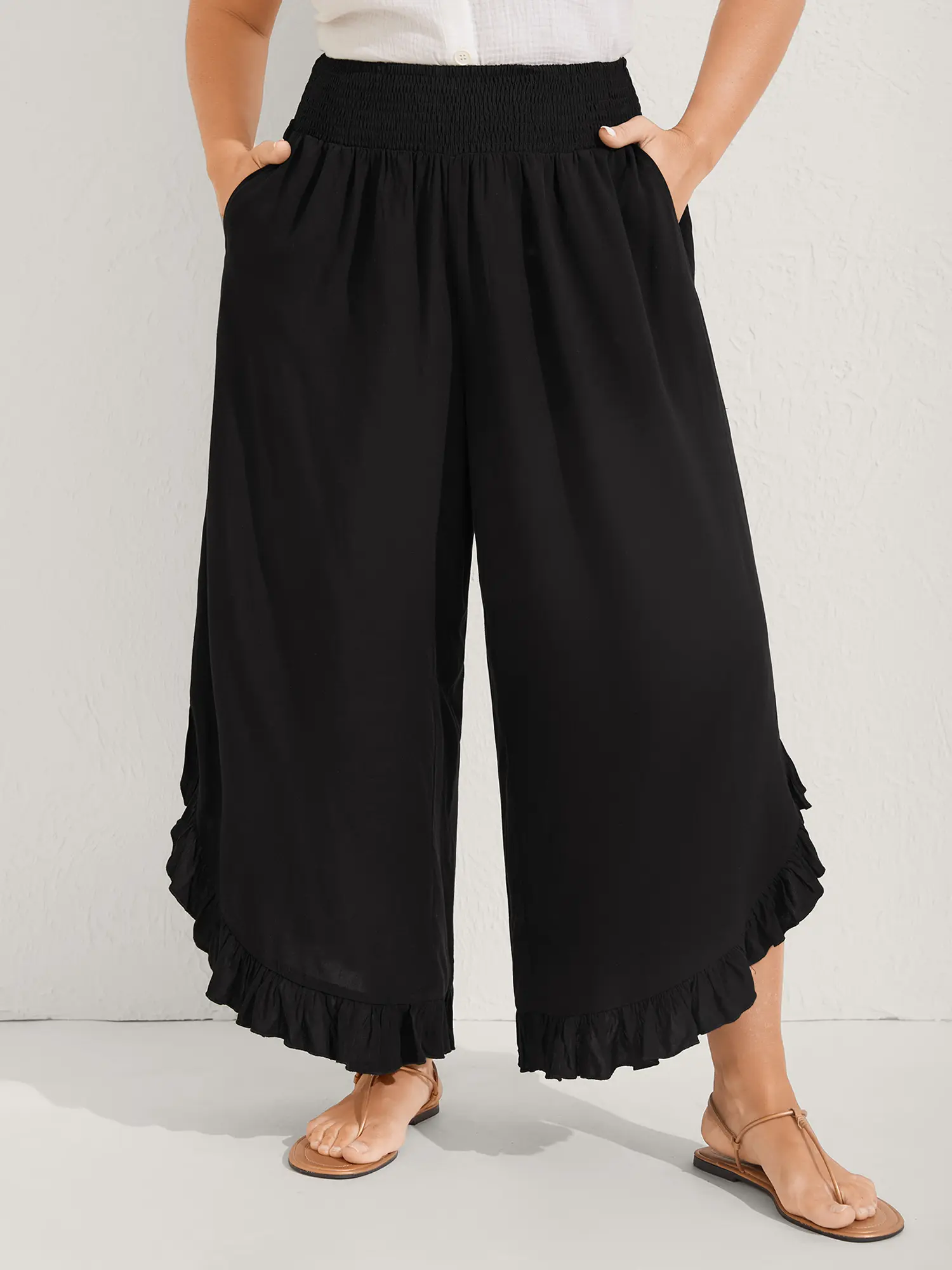 BLOOMCHIC Women's Plus-Size Lady Basic Mid-Rise Black Wide-Leg Pants - Rayon Fabric, Low Stretch, Ruffled Hem, Bottom Pocket, Fitted Comfy Casual Trousers, 2026 Summer Resort Travel Pick [M-6X]    Plussize, Baggy Pants,,Summerfinds,back to school shopping