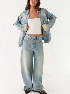 Women's 2 Piece Denim Outfit, Light Wash Oversized Denim Jacket  High Waisted Barrel Jeans Set, Casual Loose Wide Leg Denim Co-Ord