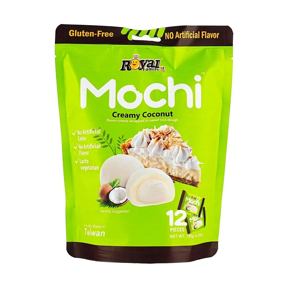 ROYAL FAMILY Mochi 12pc - Creamy Coconut Mochi Daifuku, Gluten-Free, Vegetarian, Taiwanese Snack, 180g