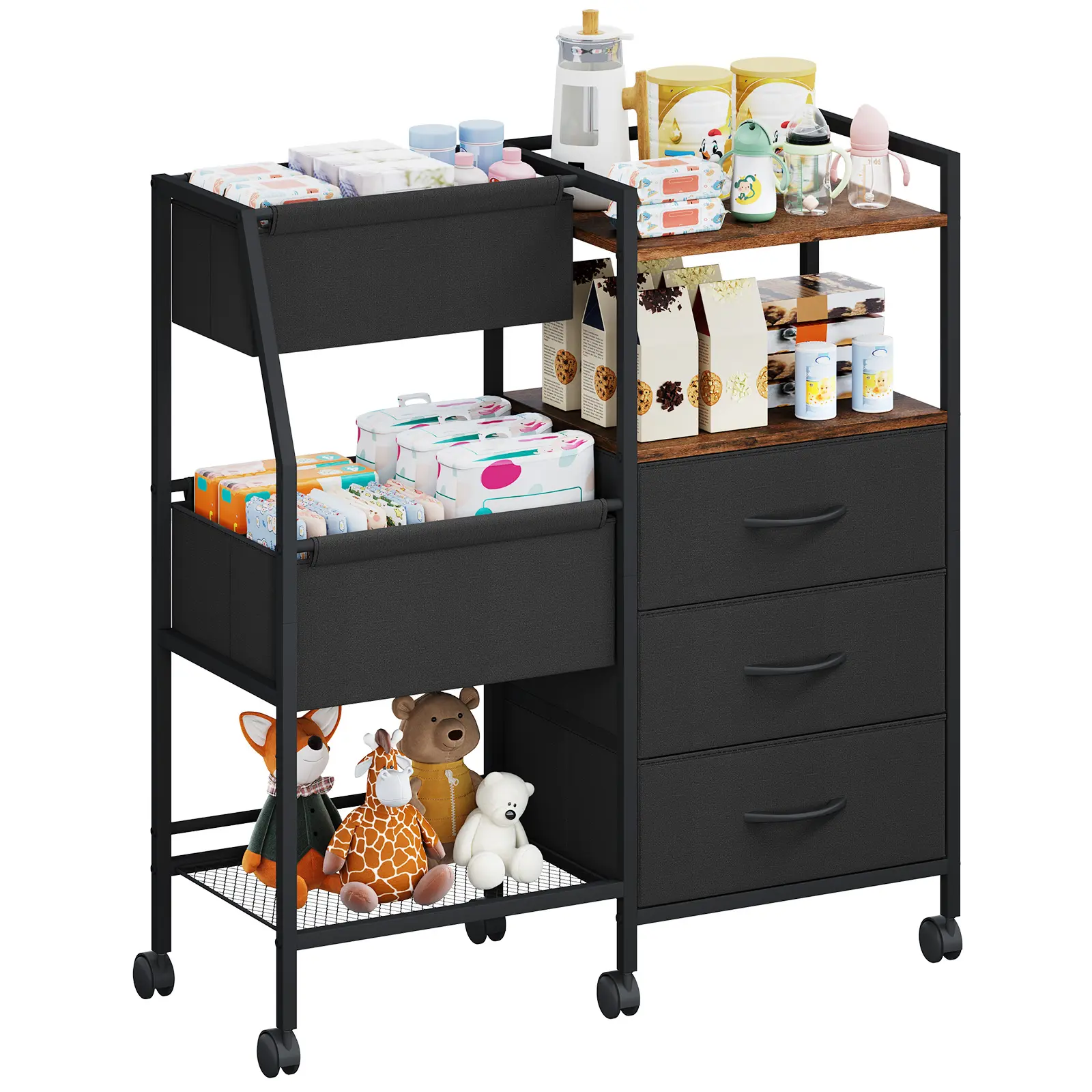 Somdot 3-Layer Rolling Baby Diaper Caddy Organizer Cart - 11.4"d x 29.9"w x 31.7"h, Tool-Free Assembly, Dividers & Drawers, Large Capacity, Kitchen Rack, Laundry Organizer, Storage Holder, Modern Home Decor, Nursery Bedroom Storage