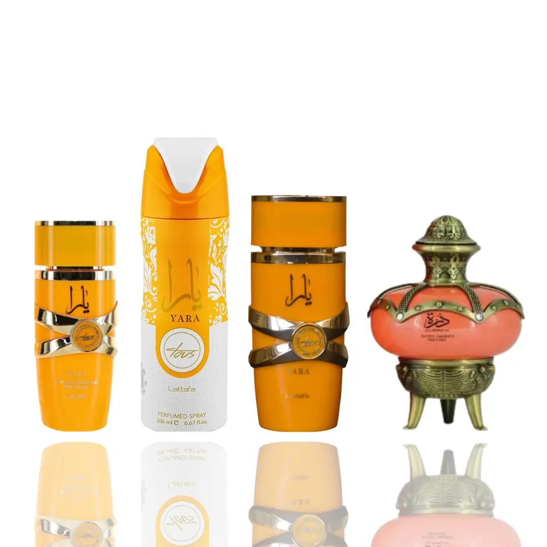Lattafa 4-Piece Pocket-Size Bundle Unisex Fragrance Pack - Yara Tous 20ml Scent, Yara Tous Deodorant, Durrah Violet Vanilla Coconut Body Care (Packaged Set), Pocket-Size Unisex Fragrance