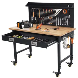 GARVEE 48" x 24" Heavy Duty Workbench with Drawer Storage and 2000LB Load Capacity, Adjustable Rubber Wood Shop Table for Garage, Office, and Workshop, featuring Power Outlets and Rolling Casters for Versatile Use.