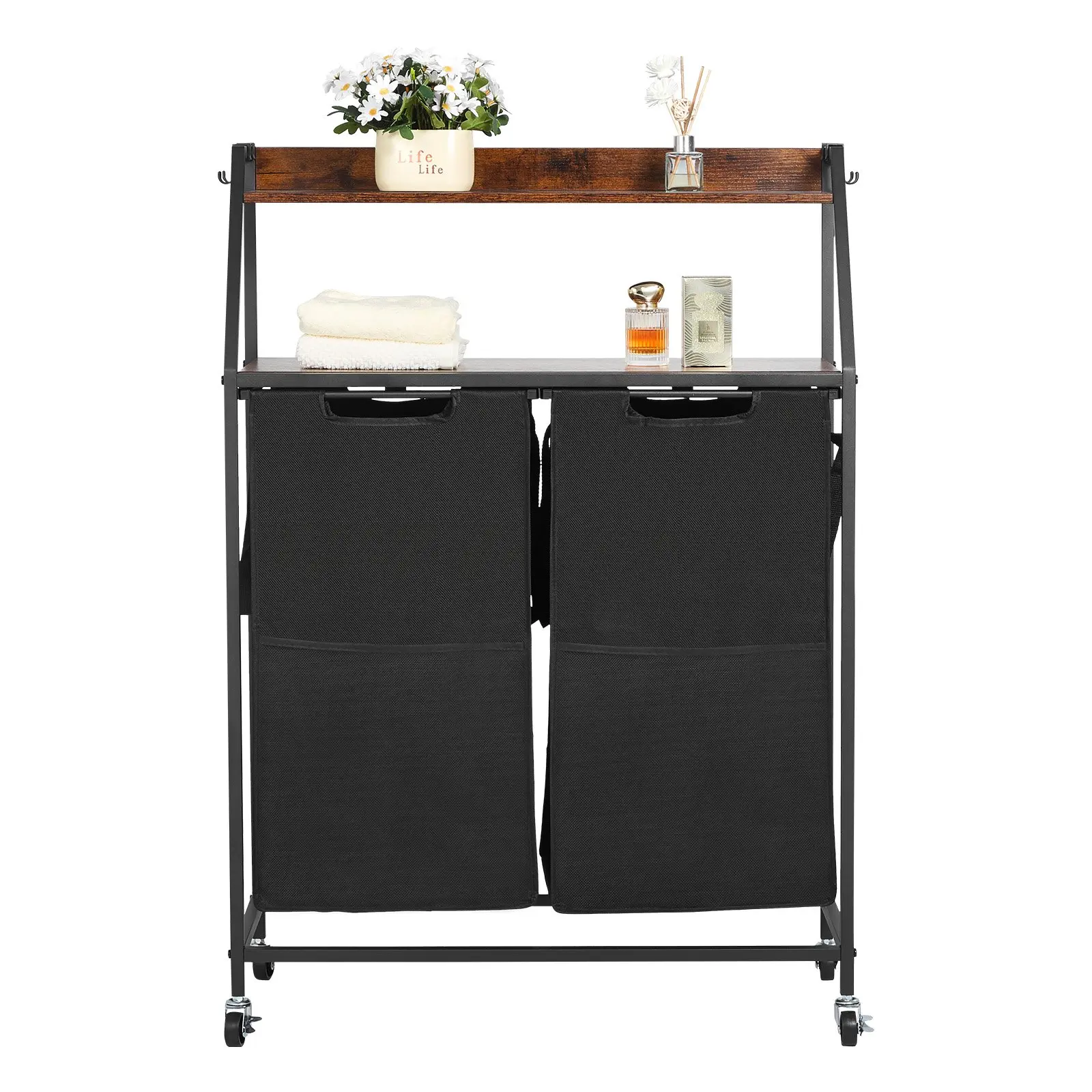 【Summerfinds】2-Tier Rolling Wheels Laundry Trolley - Father's Day Gift, Metal Frame, Wood Tabletop, Ladder Shelves, 2-Section 600D Oxford Cloth Dirty Clothes Bags for Sorting Women's Clothes, Home Storage Organization Room Accessory