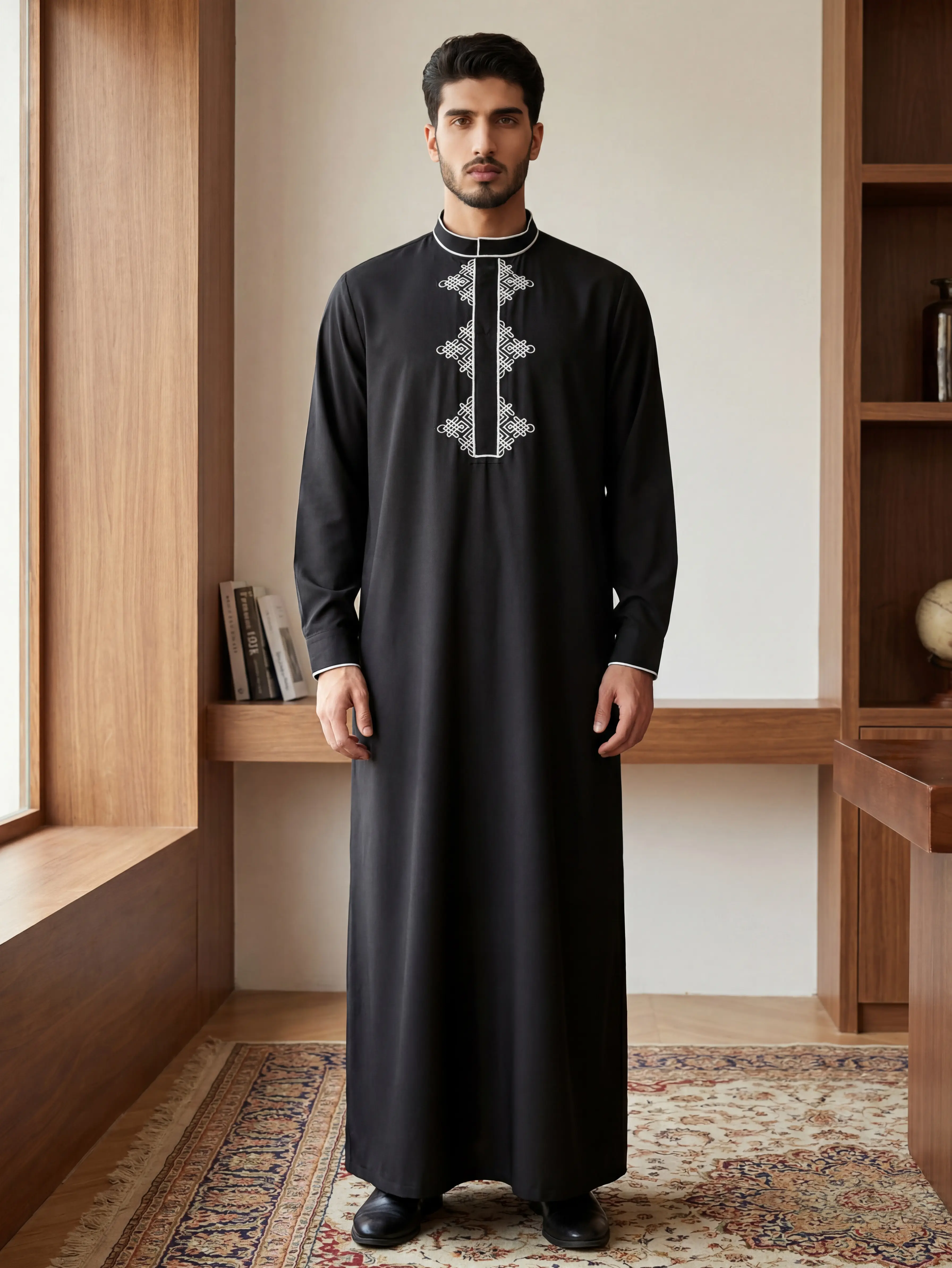 Men's Islamic Casual Thobe - Embroidered Traditional Arabic Robe with Pockets for Eid, Daily Modesty Wear, Islamic Thobe