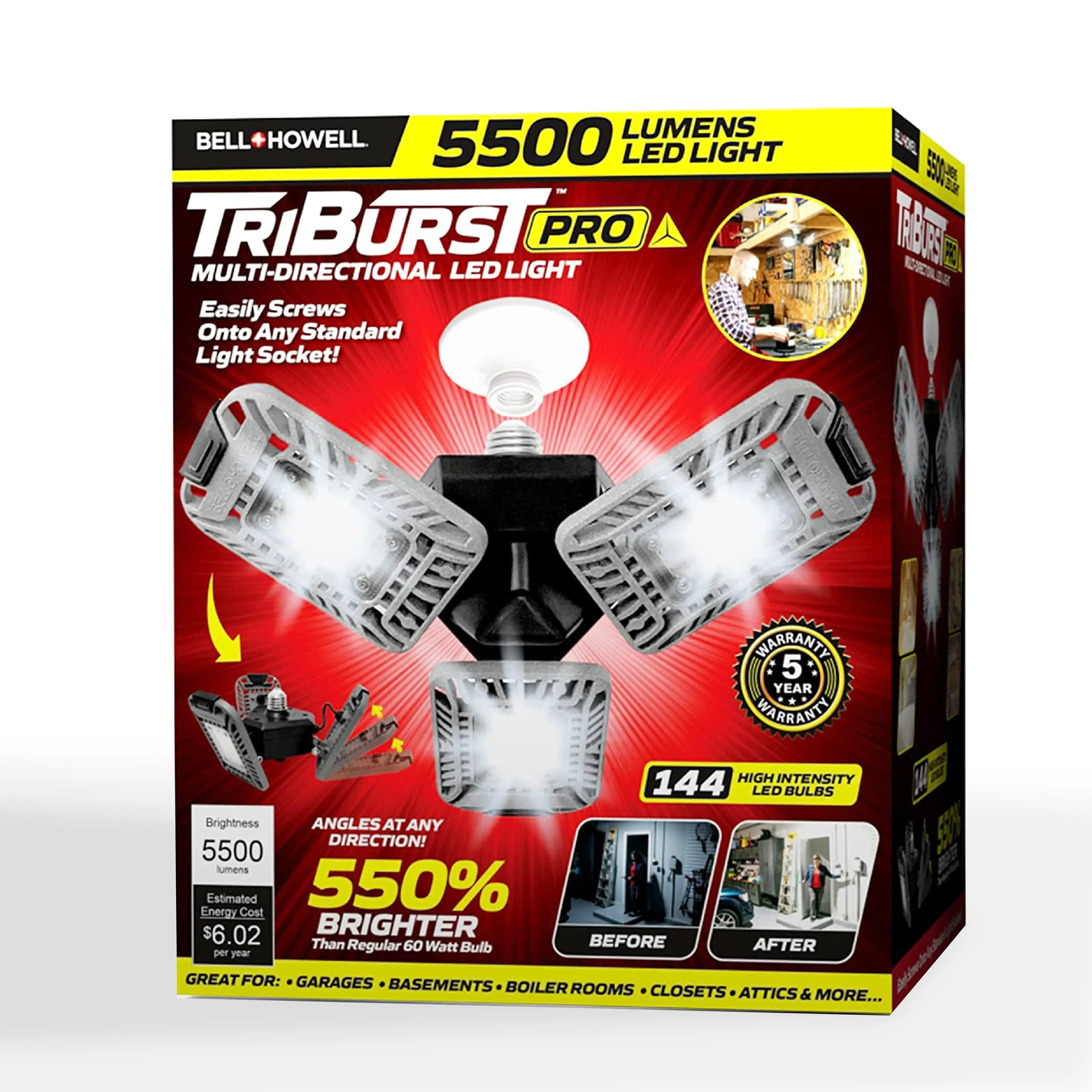Triburst 5500 Lumens 6500 Kelvin Screw-In Indoor Lights, Ultra Bright Lighting with 144 LED Bulb, Multi-Directional Triple Panel Ceiling, Garage, Shop Light Triburst 5500 Lumens 6500 Kelvin Screw-In Indoor Lights, Ultra Bright Lighting with 144 LED Bulb, Multi-Directional Triple Panel Ceiling, Garage, Shop Light