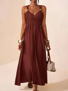 2026 Summer New Long Sleeveless Thin Spaghetti Strap Deep V Neck Elegant Formal Feminine A-Line Dress, Stylish Women's Fashion, Perfect for Parties and Events