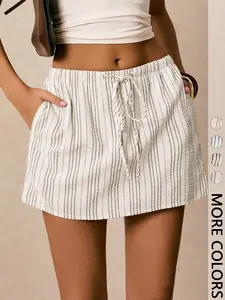 Women's Striped Skort with Pockets with Adjustable Waist Tie, Casual Summer Vacation Beach Shorts