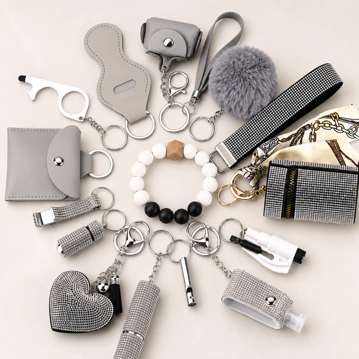 15-Piece Rhinestone Keychain Set for Women, Wristlet Keyring With Pom-Pom, Card Holder, Bracelet, Pouches and Charms