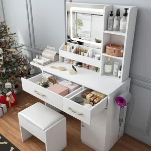 Small Vanity Desk with Mirror White Makeup Vanity Set with Chair Drawers Mini Space Saving Cute Dressing Table for Girls Bedroom Living Room