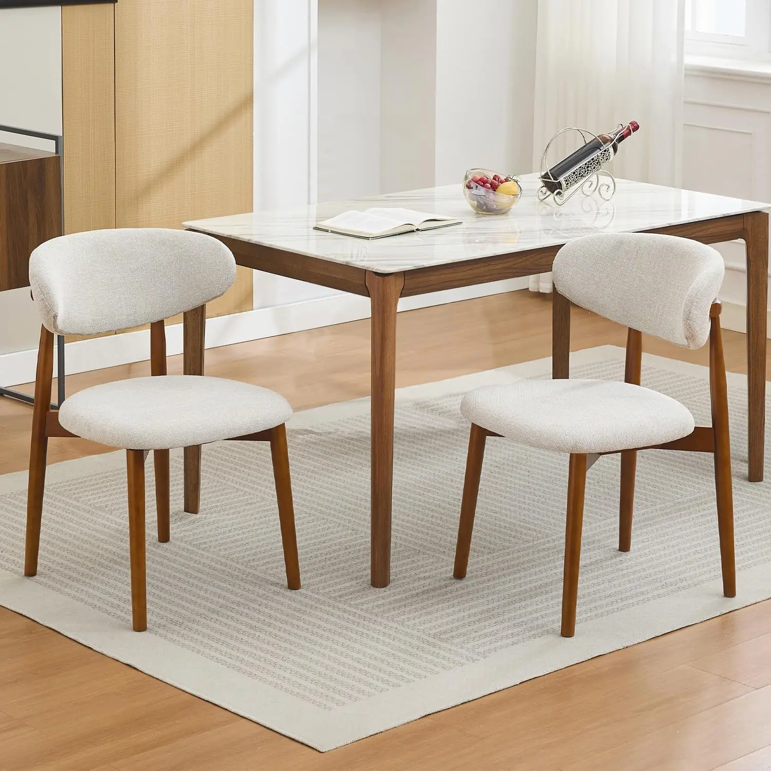 2-Piece Mid-Century Modern Wooden Dining Chairs Set - Upholstered Farmhouse Kitchen Side Chairs with Fabric Seats, Padded Cushions, Curved Backs, Wood Legs, Comfy Seating