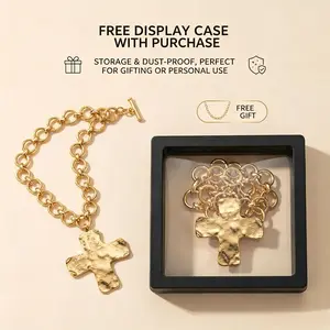 Gold chunky cross necklace for women, statement bold hammered layered vintage cross pendant necklace with toggle clasp, jewelry for Easter gift and Mother’s Day gift.