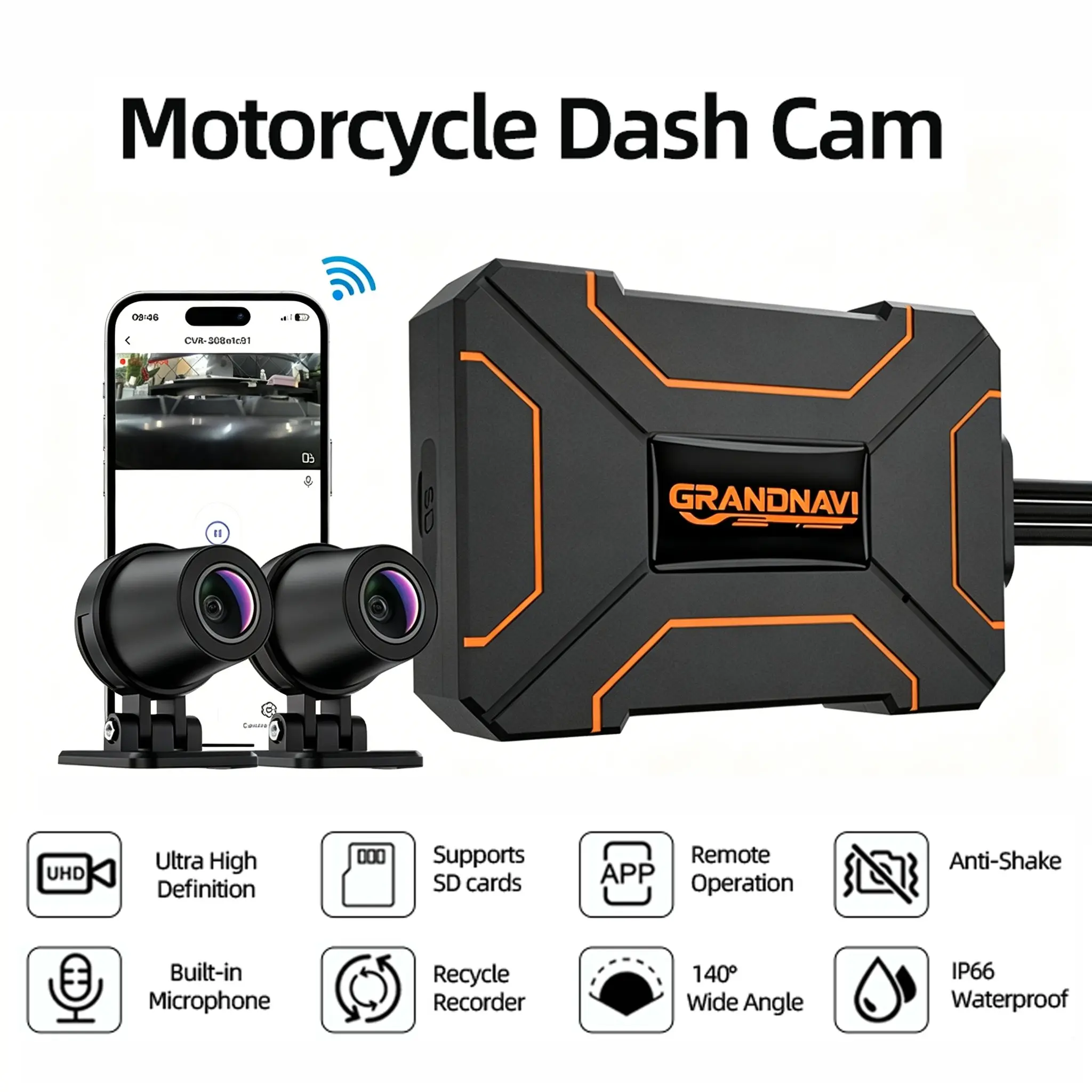 Motorcycle Dual DVR, 2k Action Camera Recorder, Front and Rear View Waterproof Motorcycle Dash Cam, Night Vision, WiFi