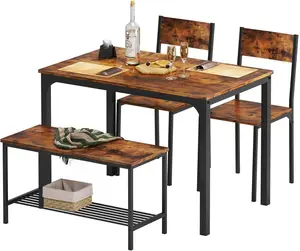 Nicole Selection 4 Person Dining Table Set, 43.3inch Kitchen Table Set for 4, Dining Room 2 Chairs with Backrest, 2-Person Bench with Storage Rack, Vintage Brown, GCCZ1008, For Christmas Gifts